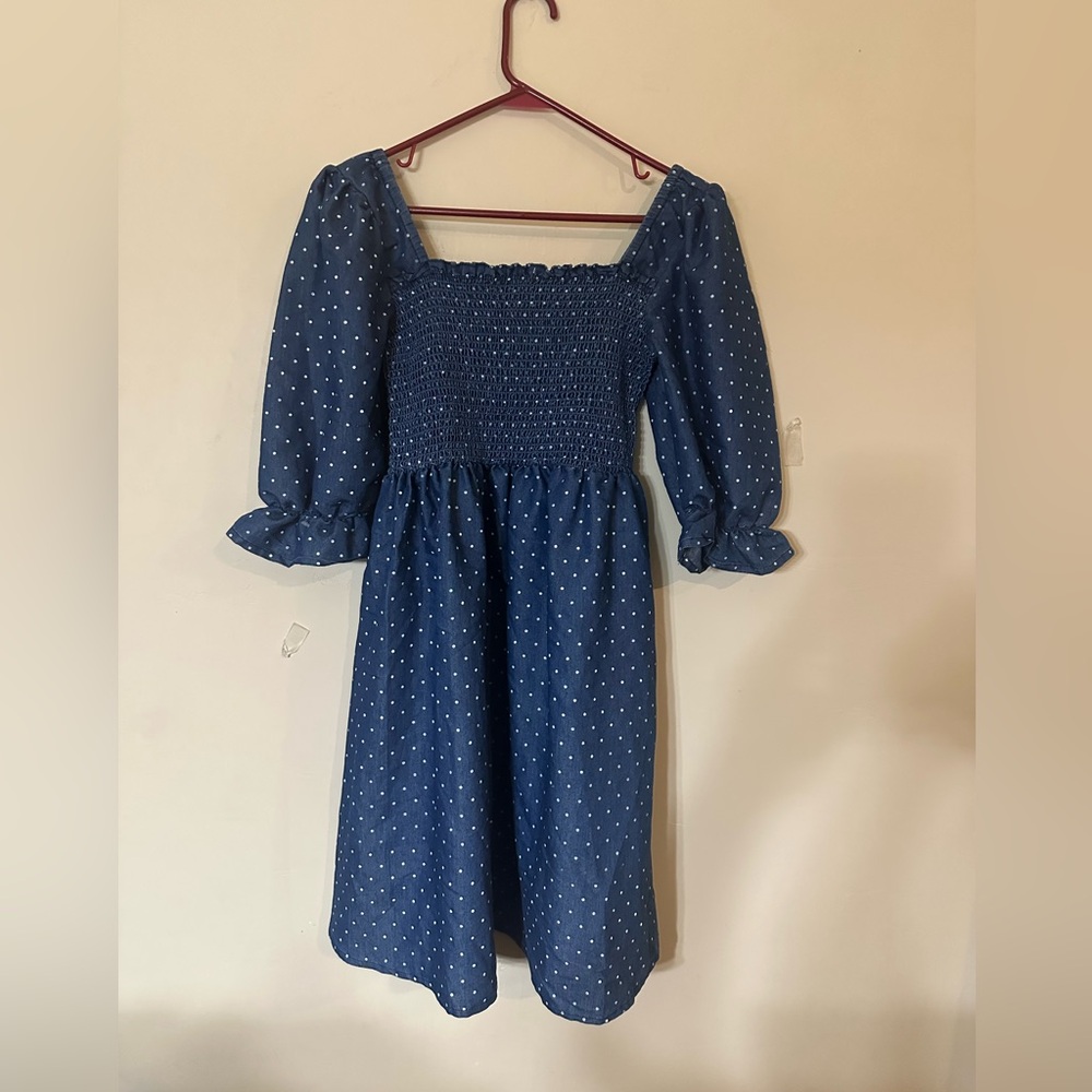 Kings Road Smocked Square Neck Blue Polka Dot Dress - Picture 2 of 5